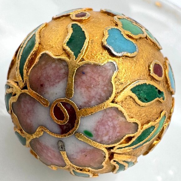 Champlevé Cloisonne 4 Gold Beads 25 MM Blue Green White Pink Flower - Picture 3 of 6